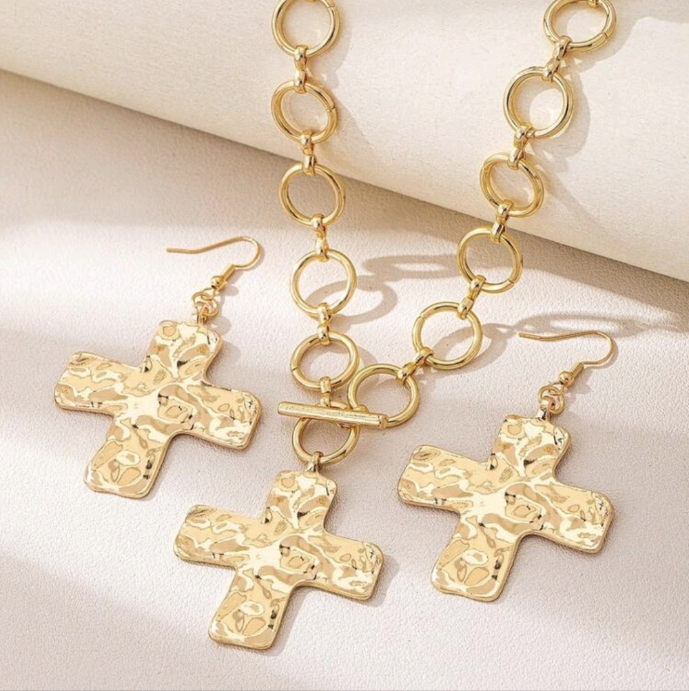 Gold Hammered Cross Necklace and Earring Set - Women Jewelry